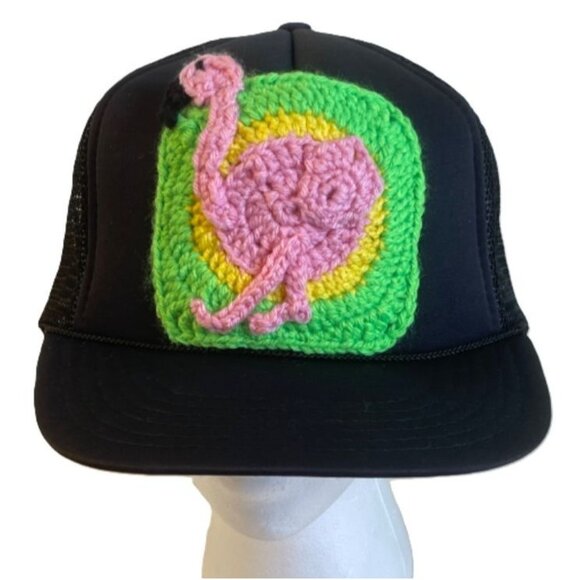 Trucker Hat w/ Crochet Flamingo Granny Square Style Adjustable Handmade Black - Picture 1 of 7
